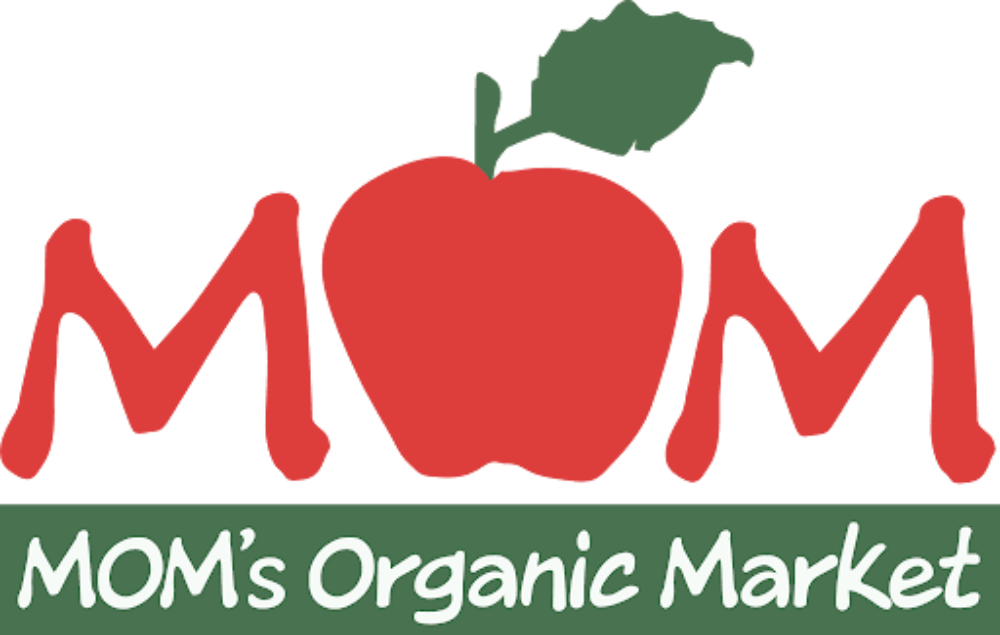 Logo of MOM's Organic Market with a red apple and text on a green background