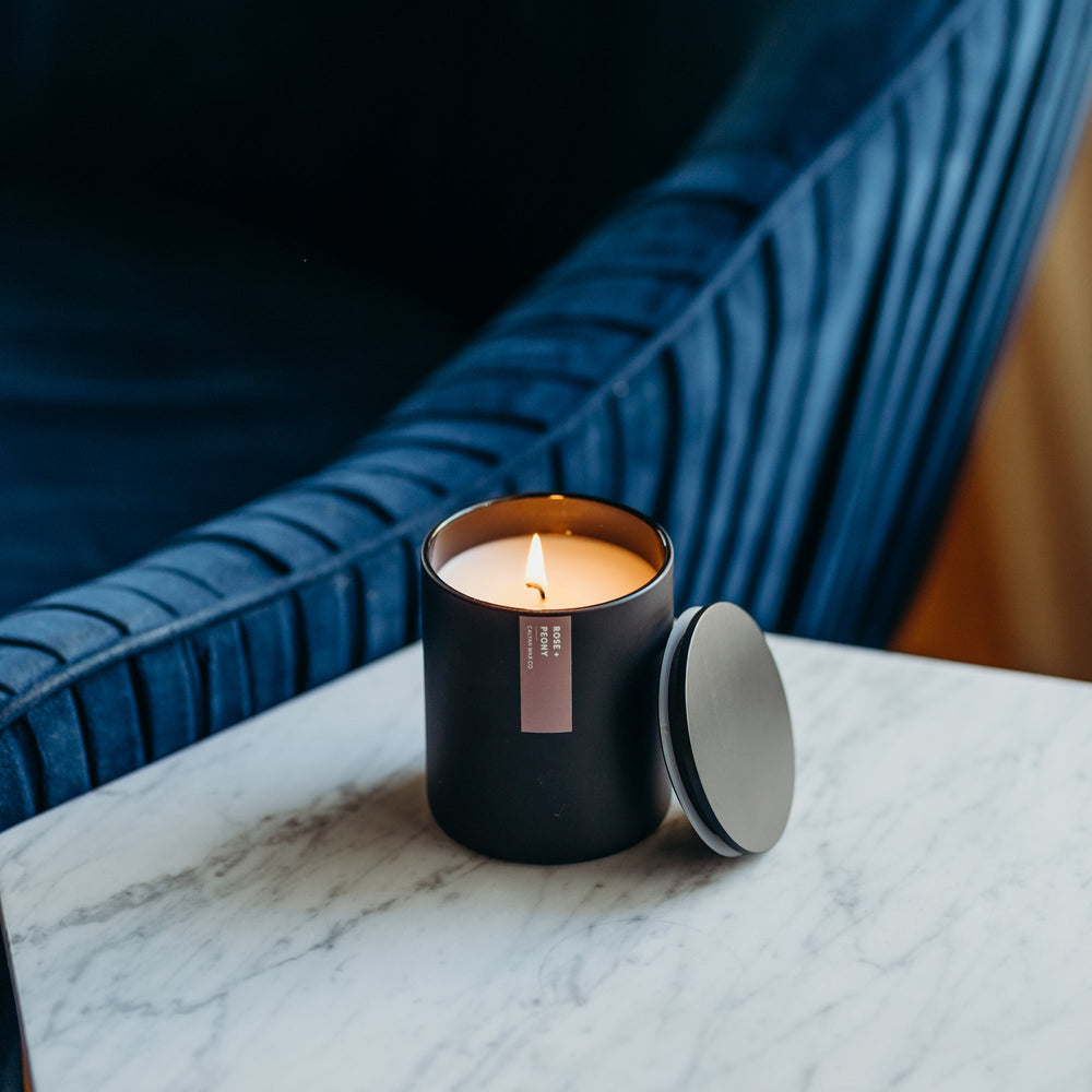 Rose + Peony Matte Black Tumbler Soy Candle - Calyan Wax Co.