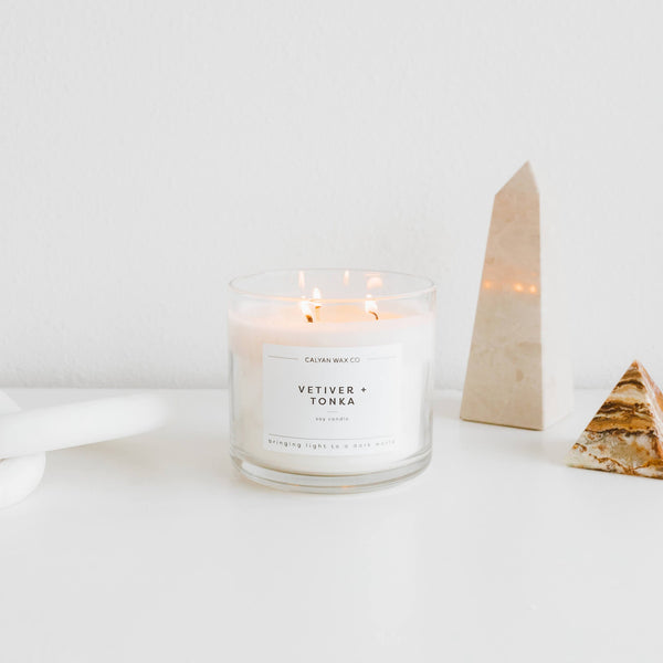 Vetiver + Tonka 3 - Wick Clear Glass Tumbler Soy Candle - Calyan Wax Co.